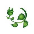 Eco green logotype socket plug and leaves. Royalty Free Stock Photo